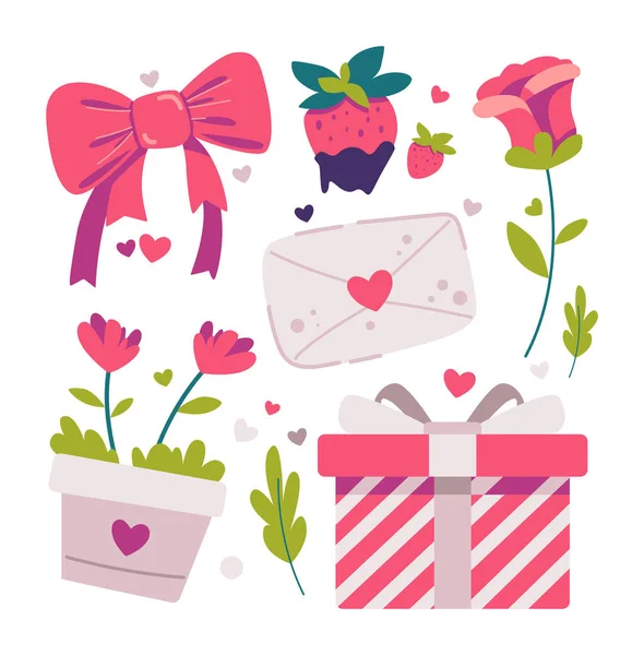 Cute Objects Elements Valentine Day Design Hair Bow Fruits Flowers — Stock Vector