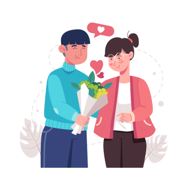Young lover with heart shapes and bunch of flowers on Valentine's day. Happy young couple portrait. Romantic man gives a bunch of flowers to his darling girlfriend.