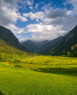 Güzel vadileri ve dağ tepeleri olan manzaralı dağ manzarası, yeşil çimenler, bulutlu gökyüzü. Yeşil, mavi. Schladminger Tauern, Alpler, Avusturya.