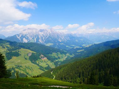 Bir yaz günü Saalbach Hinterglemm kayak merkezi yakınlarındaki dağlarda yeşil çayırlar, dağlar, bulutlar. Alpler, Avusturya. 