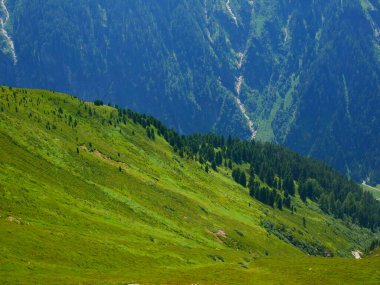 Bir yaz günü Zillertal Alpler 'in sivri dağlarına, dağlara, kayalara, mavi gökyüzüne, bulutlara bakın. Zillertal Alpler / Zillertaler Alpen, Avusturya. 
