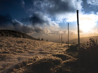 Jeseniky dağlarının bir sıradağının engebeli manzarası. Sonbaharın sonlarına doğru ağaçlarla kaplı. Bulutlar ve güneş ışığı, gün ışığı. Jeseniky Dağları, Çek Cumhuriyeti. 