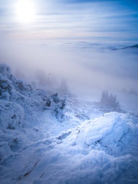 Sıcaklığın tersine dönmesi, kar, gürültü, bulutlar, güneş ışığı, ladin ağaçları sırasında alçak bulutlar ve sisle dolu bir dağ aralığından vadiye kadar manzaralı bir manzara. Jeseniky Dağları. Çek Cumhuriyeti..