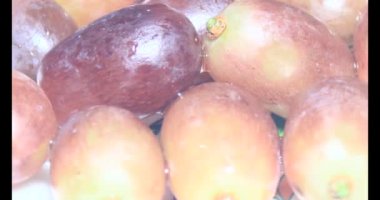 Tabakta üzüm var. Beyaz bir tabakta bir demet mor üzüm. Beyaz tabak dönüyor.