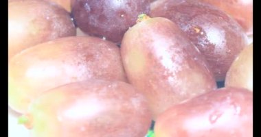 Tabakta üzüm var. Beyaz bir tabakta bir demet mor üzüm. Beyaz tabak dönüyor.