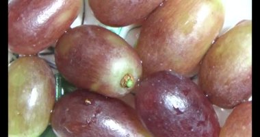 Tabakta üzüm var. Beyaz bir tabakta bir demet mor üzüm. Beyaz tabak dönüyor.