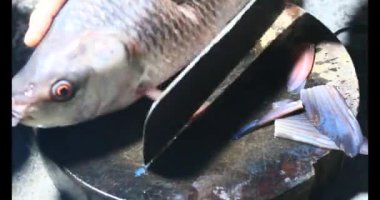 Balık çorbası pişir. Balığı temizle. Parçalara ayırmak için bıçak kullan. Yemek yaparken domates ve baharatlı kızartma ekleyin.