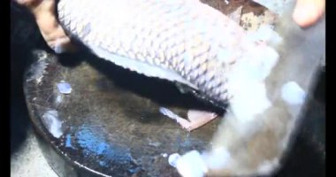 Balık çorbası pişir. Balığı temizle. Parçalara ayırmak için bıçak kullan. Yemek yaparken domates ve baharatlı kızartma ekleyin.