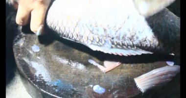 Balık çorbası pişir. Balığı temizle. Parçalara ayırmak için bıçak kullan. Yemek yaparken domates ve baharatlı kızartma ekleyin.