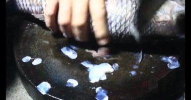 Balık çorbası pişir. Balığı temizle. Parçalara ayırmak için bıçak kullan. Yemek yaparken domates ve baharatlı kızartma ekleyin.