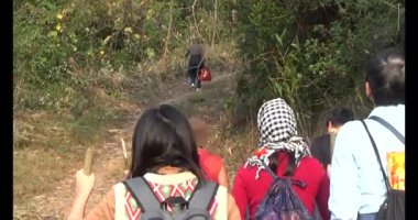 Bir grup insan dağlara ve ormanlara tırmanıyor.