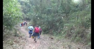 Bir grup insan dağlara ve ormanlara tırmanıyor.
