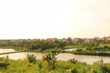 Nehir Vietnam 'da. Nehirde kayıklar ve gemiler, kıyılarda kırsal köyler, balık kafesleri, sebze tarlaları var.