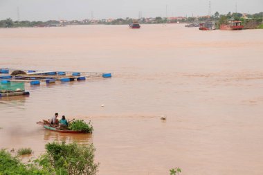 Nehir Vietnam 'da. Nehirde kayıklar ve gemiler, kıyılarda kırsal köyler, balık kafesleri, sebze tarlaları var.