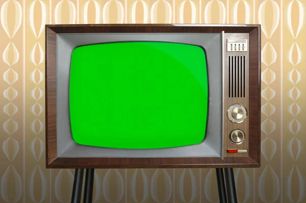 Viejo Televisor Analógico Retro Habitación Con Papel Pintado Antigua Botón — Foto de Stock