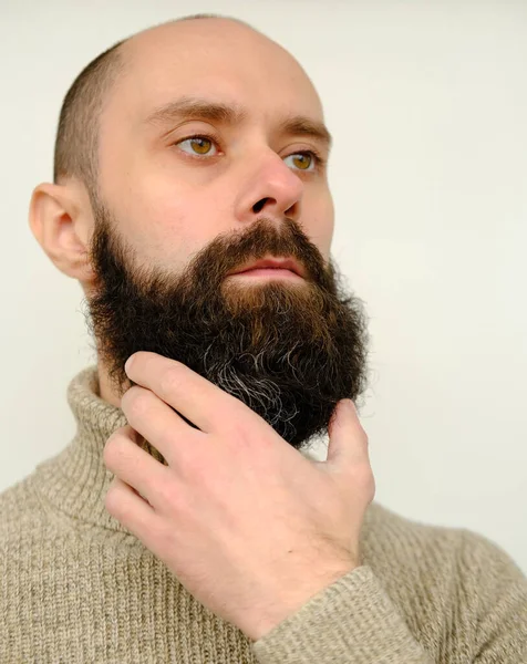 部分男性面部特写 年轻的胡子男子 30岁的男人用手抚摩浓密的胡子 胡子和胡子护肤产品的概念 面部下部的发线卫生 — 图库照片