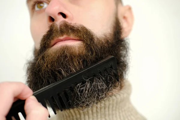 Close Male Face Young Bearded Mustachioed Man Guy Years Comb — Stok Foto