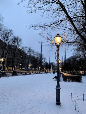 Güzel Esplanade ıhlamur parkı, fenerlerin altında enches, Finlandiya 'nın başkentinde akşam kenti Helsinki, meydandaki fener romantik bir şekilde aydınlatılmış, kış yolculuğu konsepti, Noel arifesi