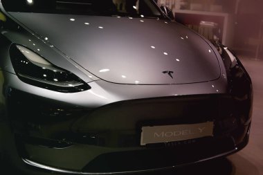 Tesla 'nın gümüş rengi Merkür Metalik, galeride popüler elektrikli yolcu aracı Elon Musk, Tesla Amerikan şirketi Frankfurt - Aralık 2022