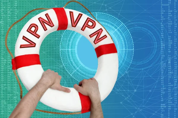 Virtual Private Network lifebuoy on virtual display, technological background, business VPN solutions for enterprise to secure data communications and extend private network services while maintaining
