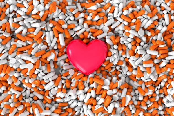 red volume heart, orange vitamins, capsule, pills, Valentine\'s Day, medicine, pharmacology, health, humanization intensive care, cardiology, drug addiction problems, day medic, overdose, 3d rendering