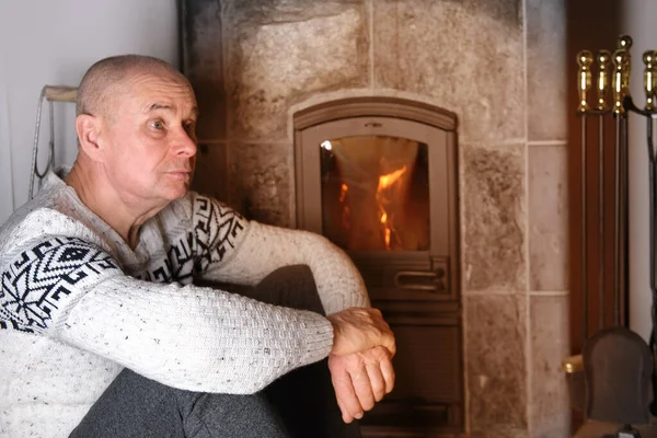 Mature Sad Man Senior Years Depressed State Sits Thoughtfully Fireplace — Stock Photo, Image