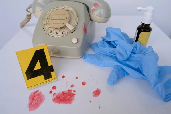 Crime Scene Evidence Markers Idfresh Splatter Red Blood Retro Phone — Stock Photo, Image