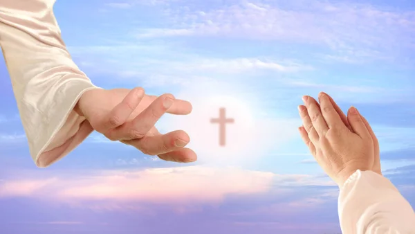 Biblische Szene Nahaufnahme Der Hand Jesu Christi Gegen Sonnenuntergang Schönen — Stockfoto