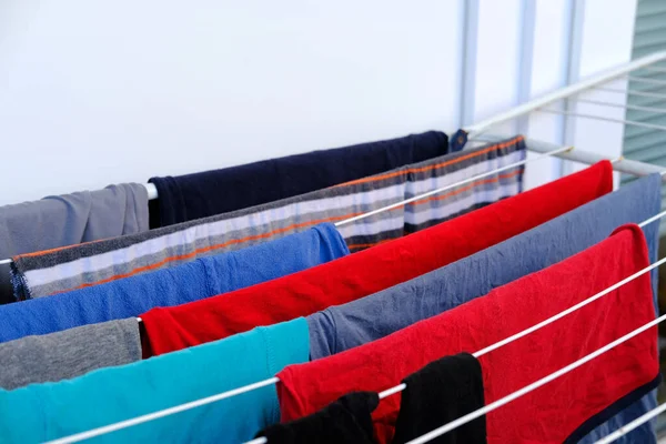 Close Wet Laundry Hanging Drying Wire Room Dryer Home Chores — Stock Photo, Image