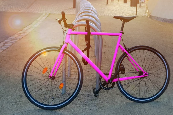 Яскраво Рожевий Класичний Велосипед Міському Ландшафті Захід Сонця Припаркований Велосипеді — стокове фото