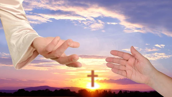 Biblical Scene Close Jesus Christ Hand Sunset Evening Beautiful Dramatic — Stock Photo, Image