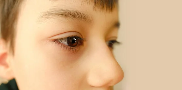 Nahaufnahme Männliches Kindergesicht Braune Augen Von Jungen Alter Von Jahren — Stockfoto