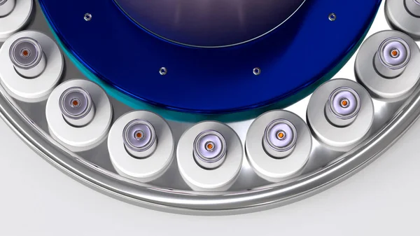 新特斯拉锂离子电池4680制造 高能圆柱形蓄电池 大规模生产线 电动汽车动力和能源 先进技术和创新 3D渲染 — 图库照片