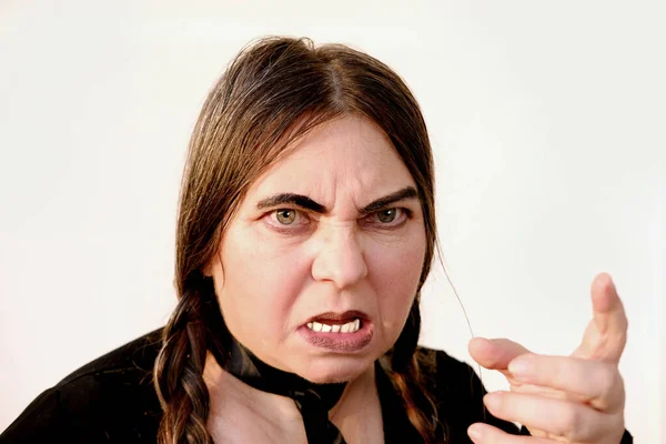 Portrait Mature Angry Aggressive Woman Heavily Rudely Made Gothic Style — Stock Photo, Image