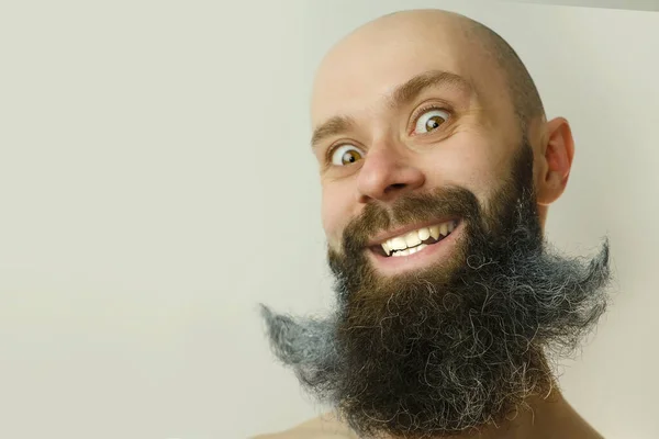 Close Male Face Young Bearded Mustachioed Crazy Man Laughs Cheerfully — Fotografia de Stock