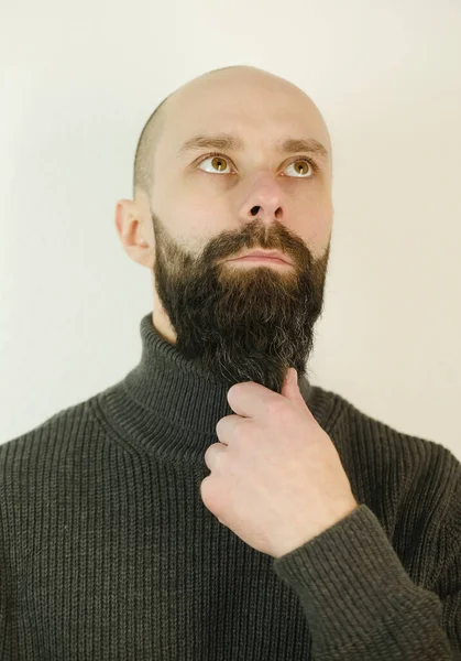 Close Male Face Young Bearded Mustachioed Man Touches Beard Satisfied — 图库照片