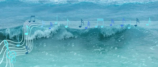 notes, musical key on stave, blue sea, fast turquoise waves rush to shore, beautiful tropical seascape, ocean is storming, concept water music, nature sounds, background for designer