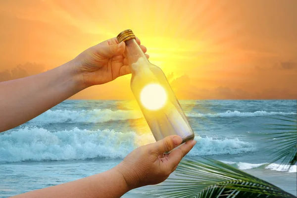 Blue Sea Glass Bottle Message Female Hands Fast Waves Shore — 스톡 사진