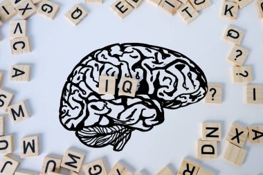 silhouette of brain, word IQ, wooden letters, intelligence quotient on wooden background, quantitative indicator expressing success, concept of level of mind, intellectual achievements testing