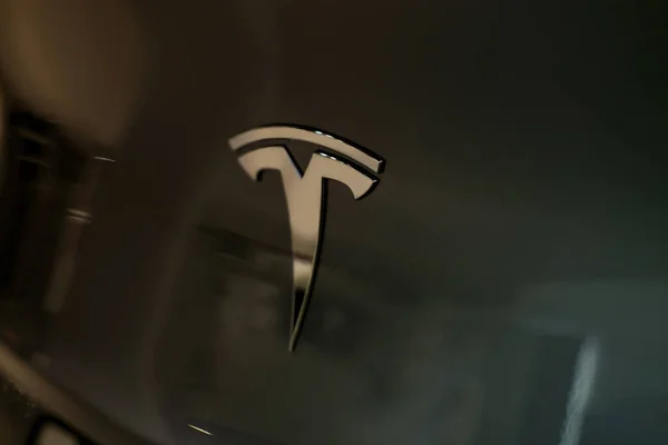 Logotipo Cromado Cerca Tesla Motors Capucha Plata Coche Eléctrico Pasajeros — Foto de Stock