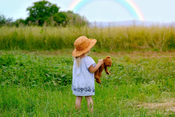 little child 3 years old, girl in straw hat, in blue dress in green field, teddy bear in hand, concept of happy childhood in village, life insurance, enjoyment of pristine nature, breathe fresh air