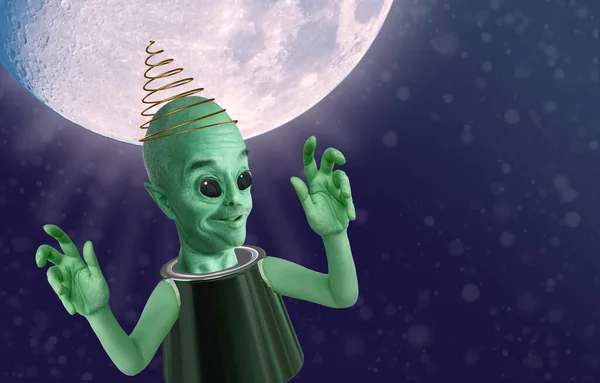 Green Alien Smiles Joyfully Raised His Hands Curiosity Humanoid Another — Stock Photo, Image