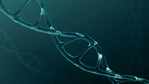 带有玻璃螺旋的人类Dna结构 绿色背景的脱氧核糖核酸 核酸分子 人类基因组 发展科学 染色体改变 3D渲染 复制空间 — 图库照片