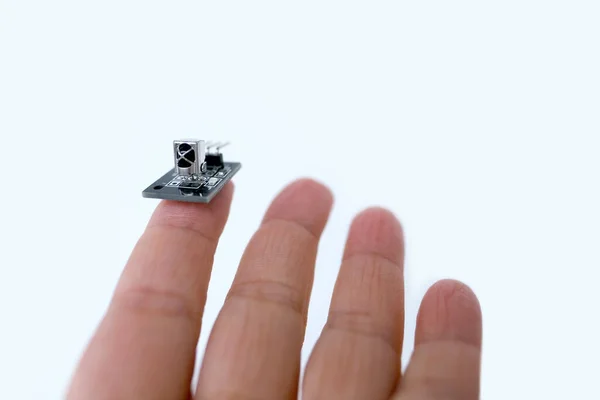 Microprocessor Finger Female Hand White Background Research Development Microelectronics Processors — Fotografia de Stock