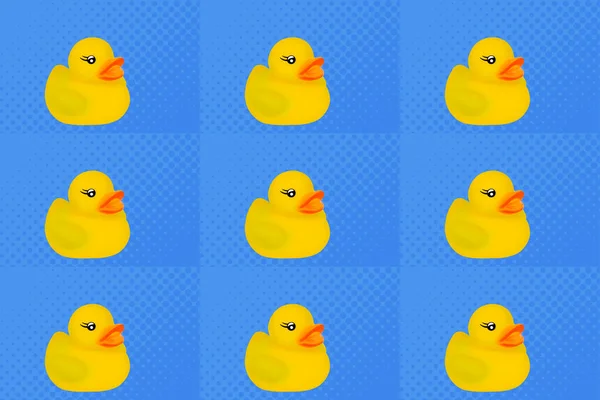rubber yellow baby ducks for swimming in pop art style on background, concept of mass culture aimed at entertainment, nine colored rectangles, various means of popularization and commercial promotion