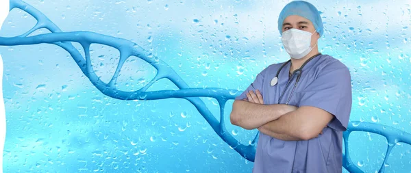 Cientista Masculino Médico Estrutura Dna Humano Com Hélice Ácido Desoxirribonucleico — Fotografia de Stock