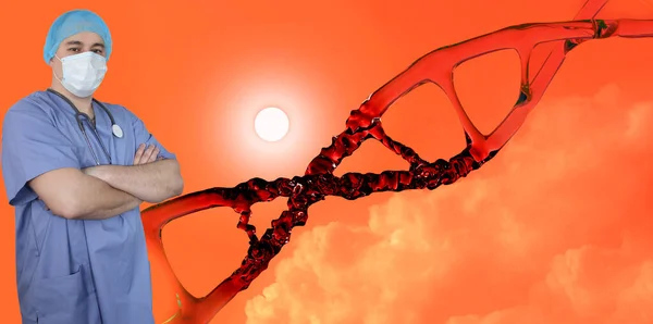 scientist, doctor, disrupted human dna structure with helix destroyed, deoxyribonucleic acid, sun orange clouds background, nucleic acid molecules, change, break in chemical structure, sunlight damage