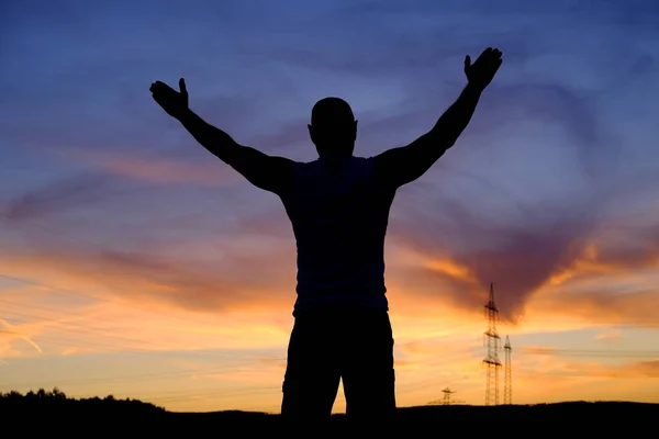 Black Silhouette Man Delight Raises Her Hands Sunset Field Silhouette — Stock Photo, Image