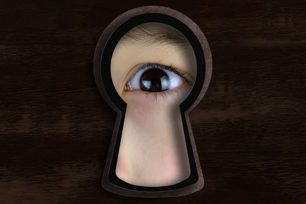 Keyhole Hole Human Eye Young Child Years Looking Straight Covertly — Zdjęcie stockowe