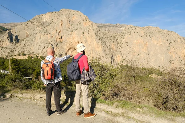 Two Men Backpacks Backpackers Walking Road Caminito Del Rey Hiking — стоковое фото